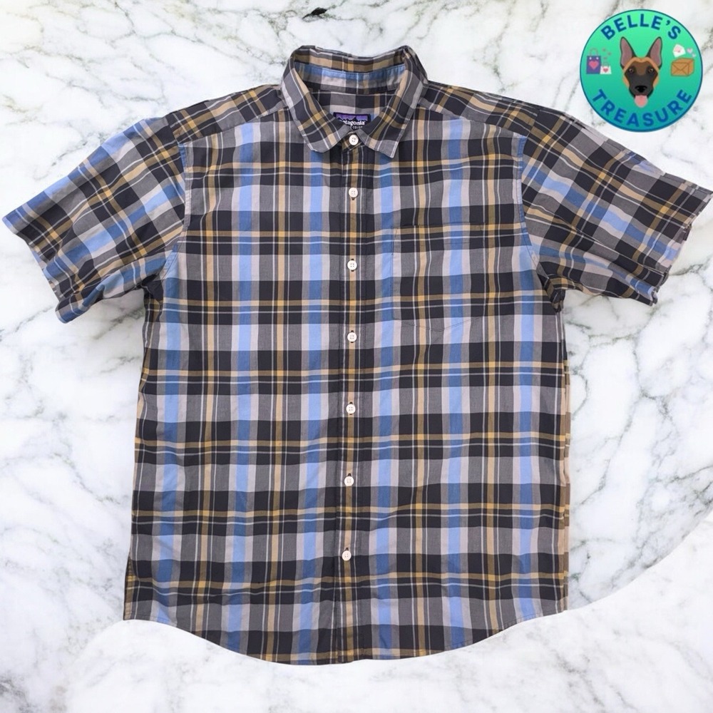 Patagonia Shirt Men's Medium Freshman Blue Plaid Cotton Short Sleeve Button-Up